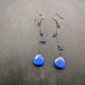 925 Sterling Silver Blue Glass Drop Dangle Earrings chain & Beads